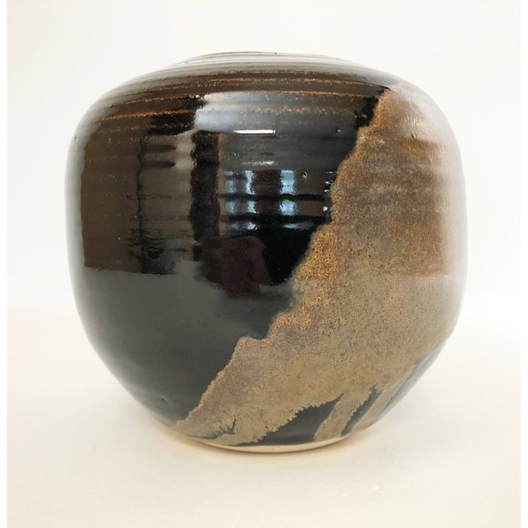 Nancy Valk Studio Pottery Vase Round Brown Vintage Signed Glazed Stoneware - Picture 5 of 10